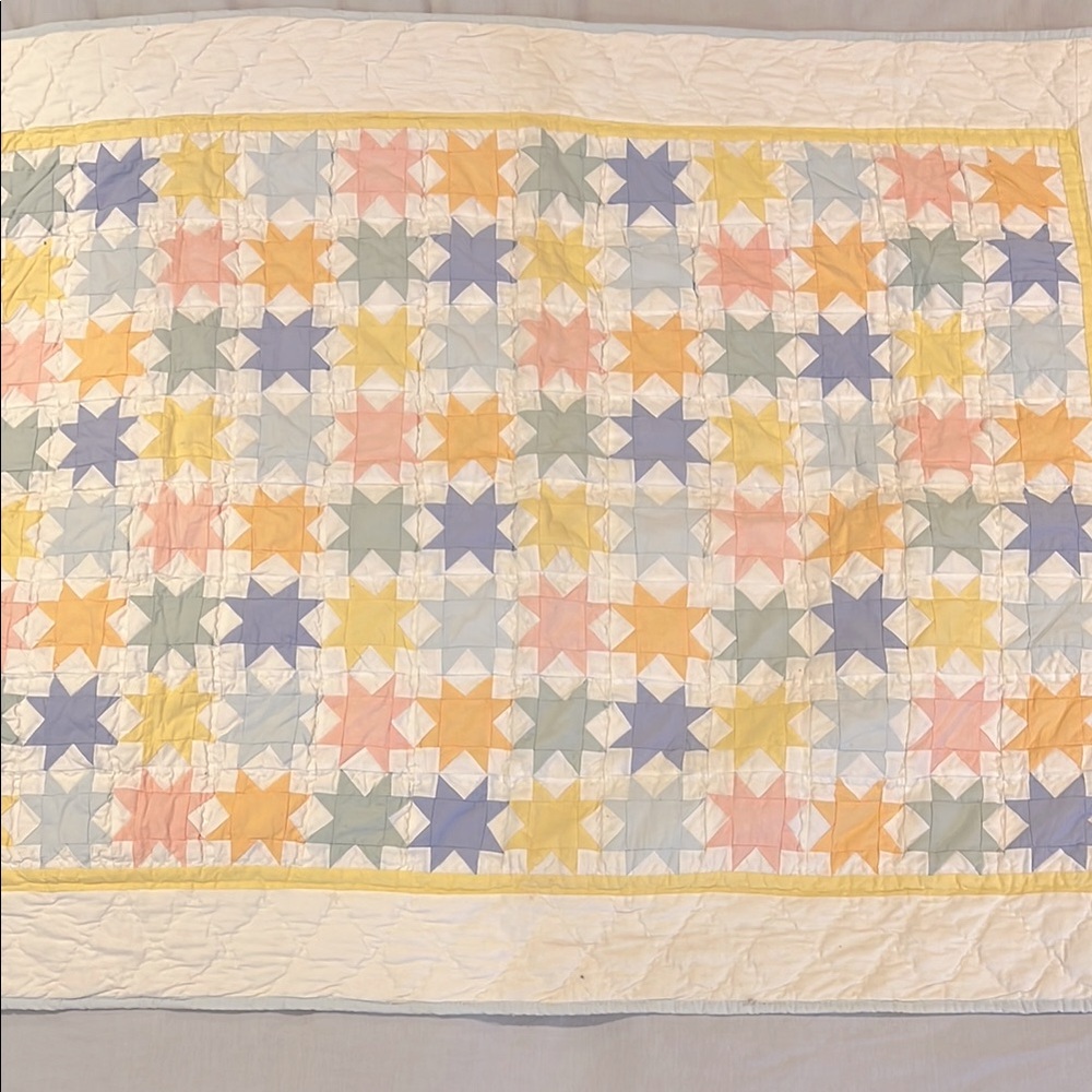 POTTERY BARN KIDS Baby Quilt 50x38 Pastel Yellow Blue Green Pink Stars SHOWER